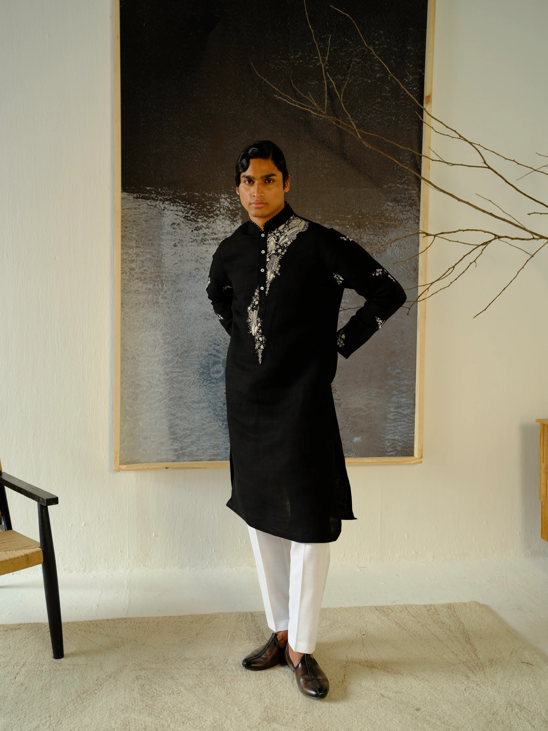 Black Matka Silk Embroidered Kurta