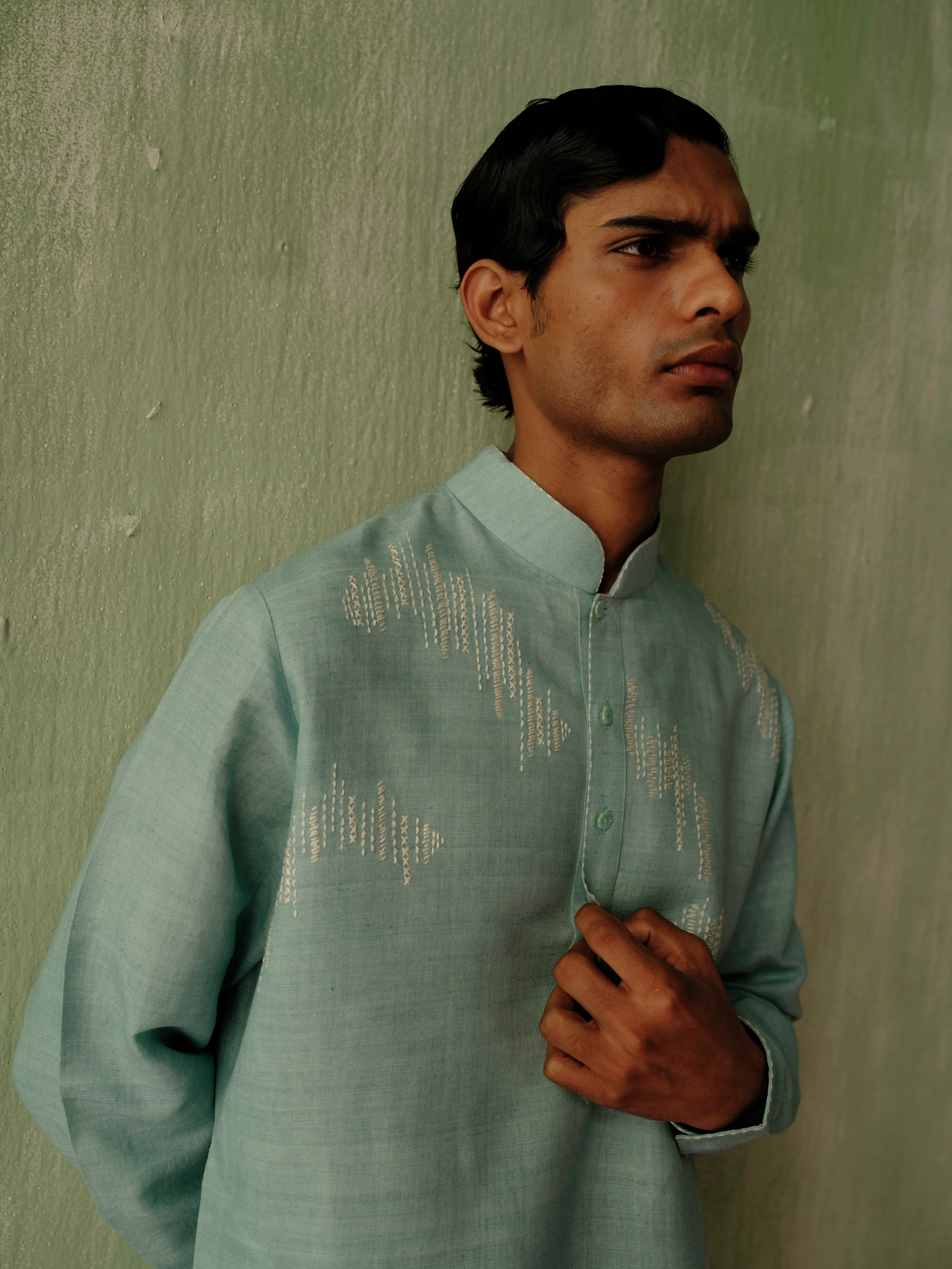 Ice Blue Matka Silk Embroidered Kurta