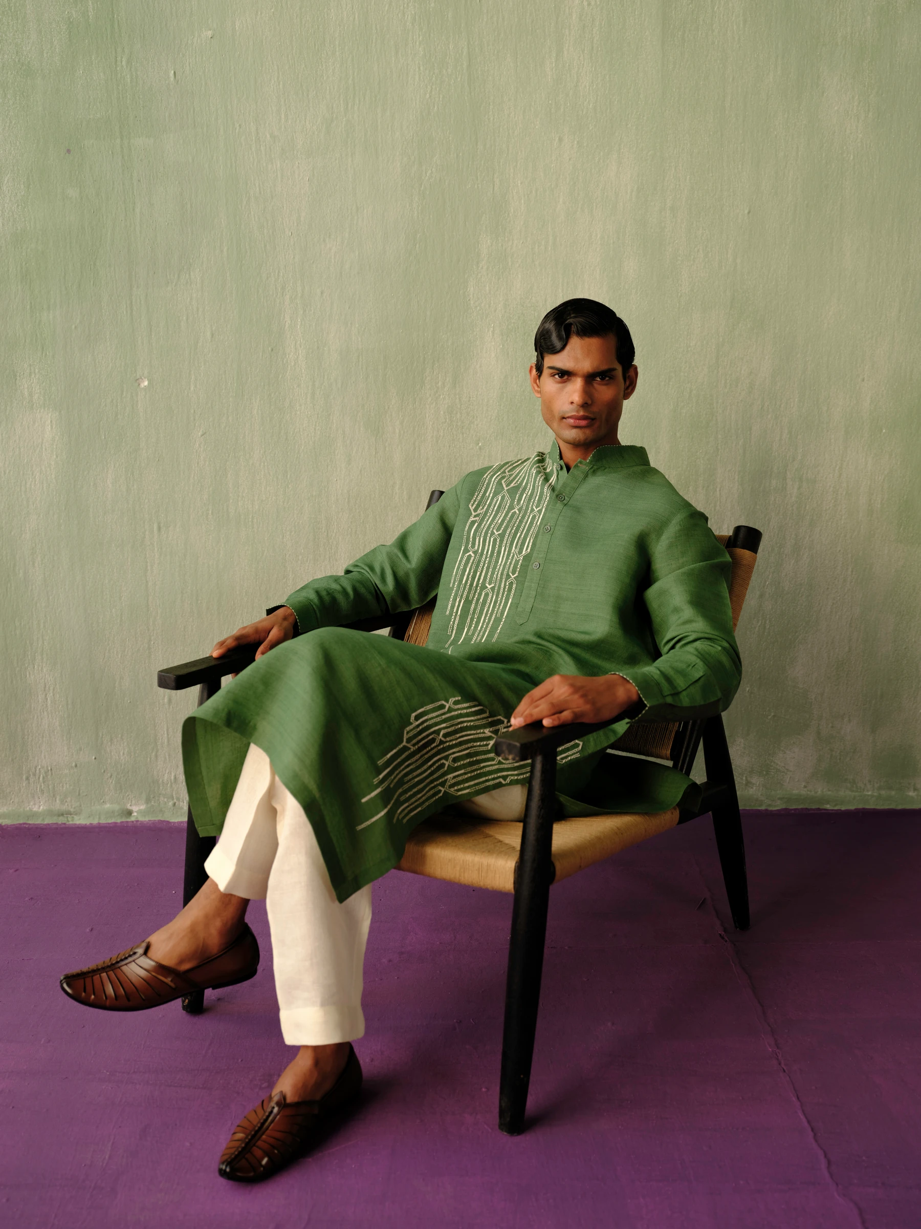 Olive Green Hand Embroidered Kurta
