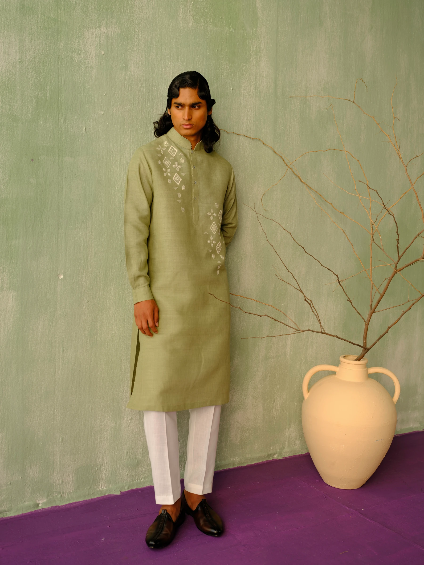 Olive Green Matka Silk Embroidered Kurta