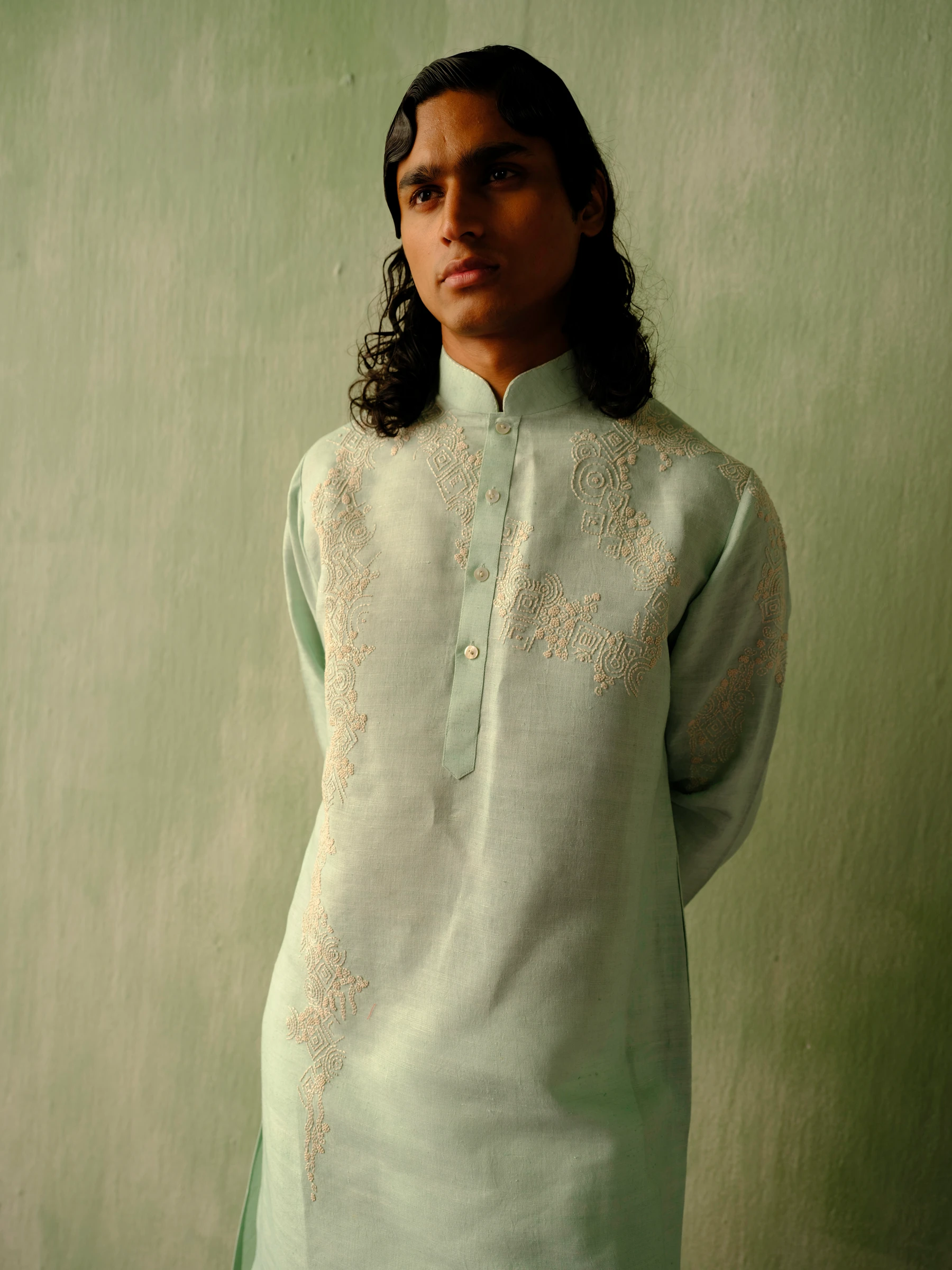 Powder Blue Matka Silk Embroidered Kurta